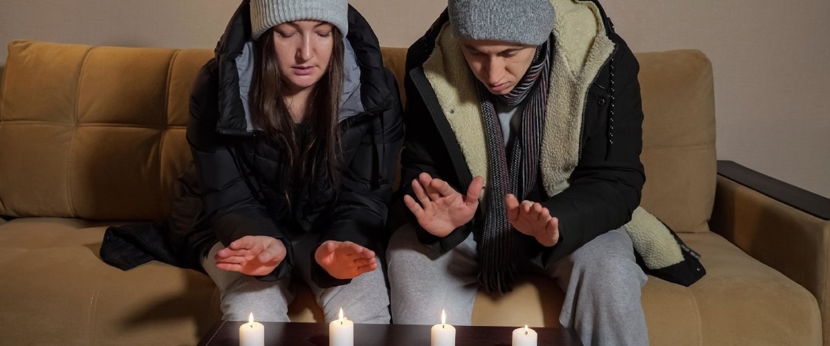 Couple warming hands on candles