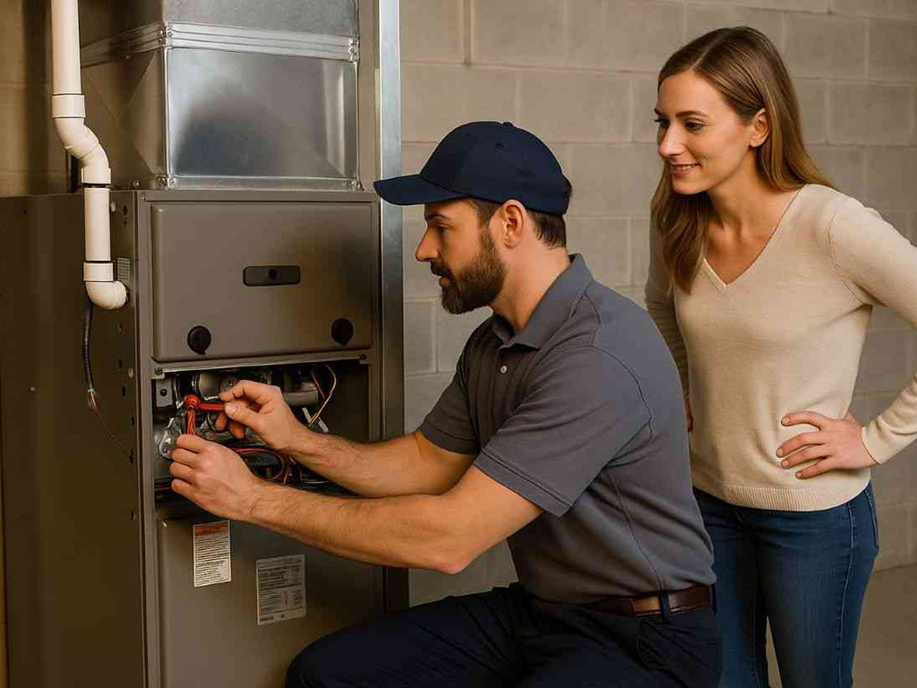 service tech performs furnace tune up in fall