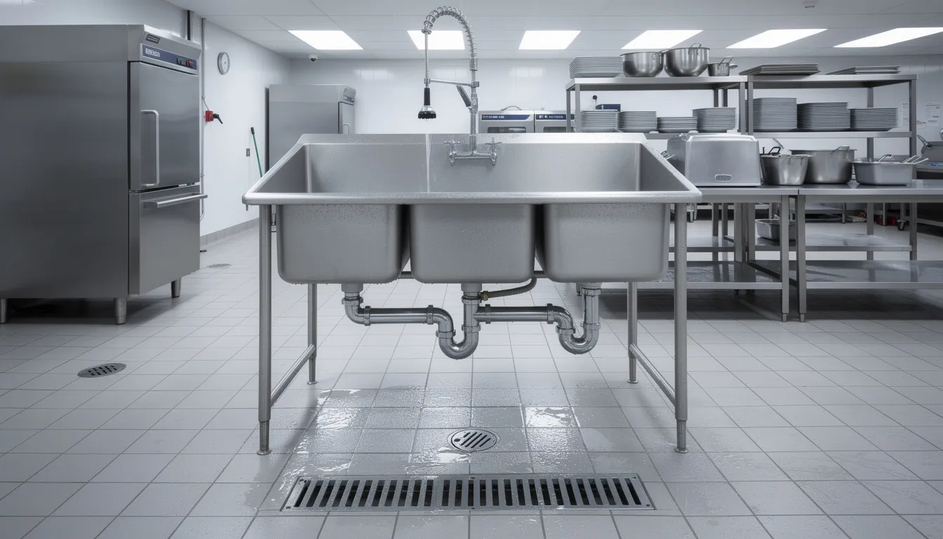 Denver Commercial Plumbers: Reliable Solutions 5 Denver Commercial Plumbers: Reliable Solutions The image depicts a commercial kitchen featuring an industrial sink equipped with advanced drainage fixtures, showcasing the essential elements of a plumbing system designed for high-volume use. This setup highlights the importance of reliable plumbing services, particularly for commercial properties, ensuring efficient water flow and effective drain cleaning to prevent costly plumbing issues.