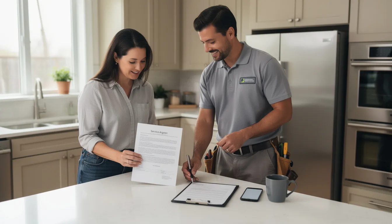 Boiler Repair vs Boiler Replacement: Which Option Saves More Money? 6 Boiler Repair vs Boiler Replacement: Which Option Saves More Money? The image shows a homeowner discussing paperwork with a service technician, likely evaluating options for boiler repair or replacement. They appear to be considering the cost-effective benefits of upgrading to a new boiler for improved efficiency and reduced energy bills.