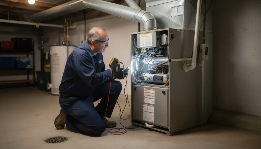 Denver Furnace Repair – Fast, Reliable Service When Your Heat Fails 1 Denver Furnace Repair – Fast, Reliable Service When Your Heat Fails A technician is inspecting a furnace in a residential basement, checking components like the blower motor and heat exchanger to ensure the heating system operates efficiently. This thorough furnace maintenance is essential for preventing breakdowns during the cold weather of Denver, CO, and ensuring the system runs effectively throughout the heating season.