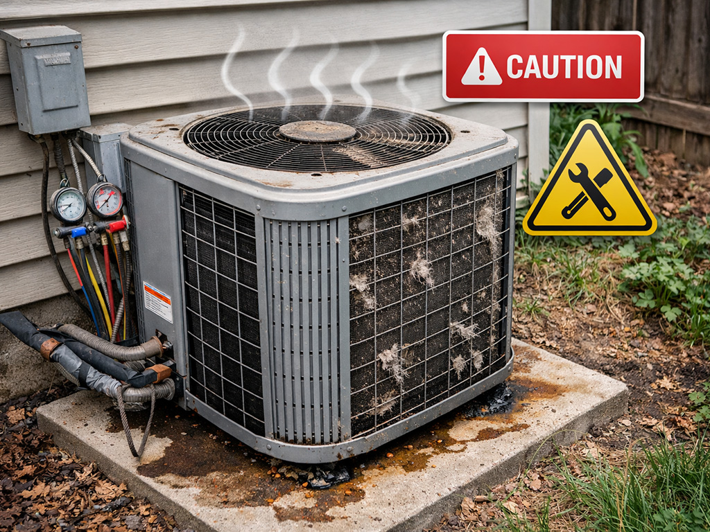 Dirty central air conditioner unit with clogged coils and weak airflow, showing signs of needed repair or maintenance outside a home