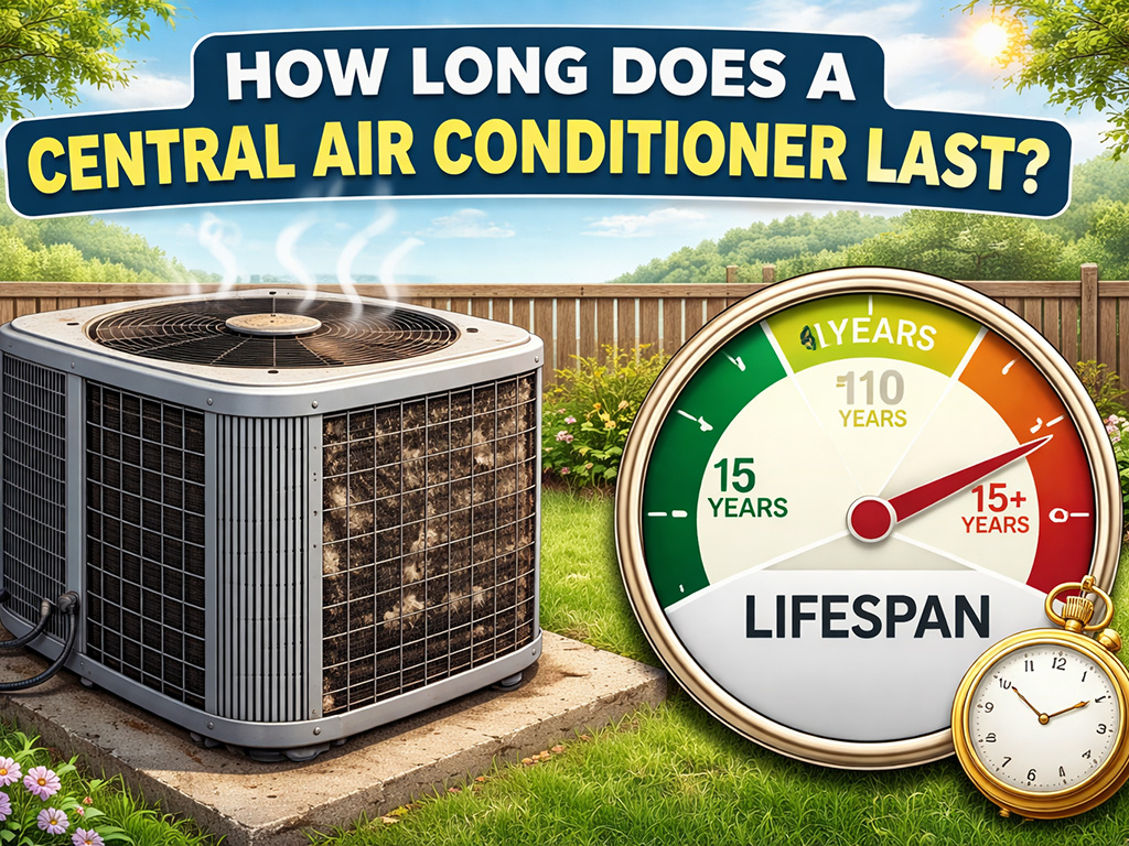 Central air conditioner unit with lifespan gauge showing typical 10–15 year range, illustrating how long a central AC system lasts.