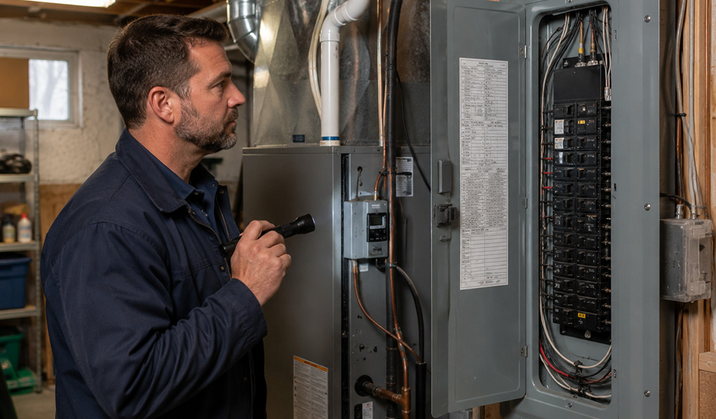 Electrician inspecting panel capacity for heat pump installation in a Denver home
