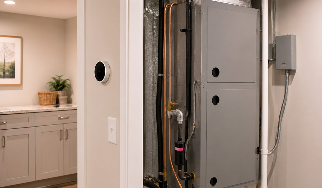 Newly installed heat pump air handler in a Denver home utility room