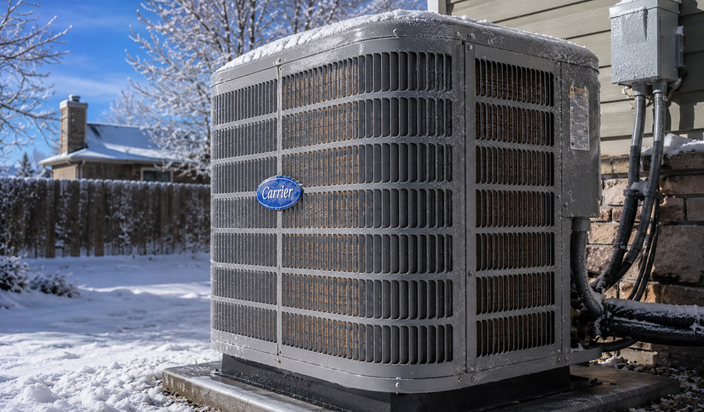 Heat pump outdoor unit operating in cold winter conditions in the Denver Metro area