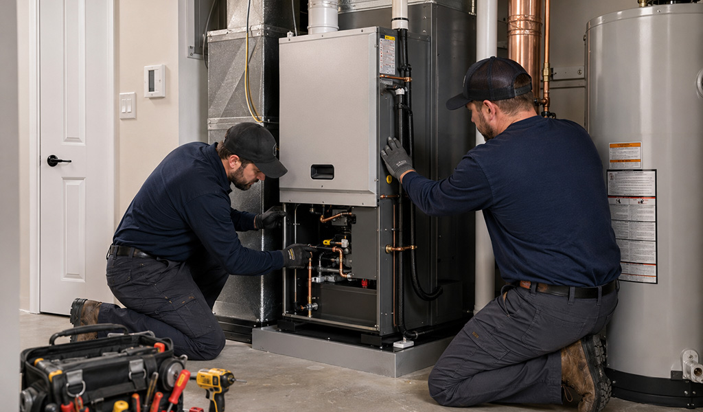 HVAC technicians installing a heat pump system in a Denver home utility room