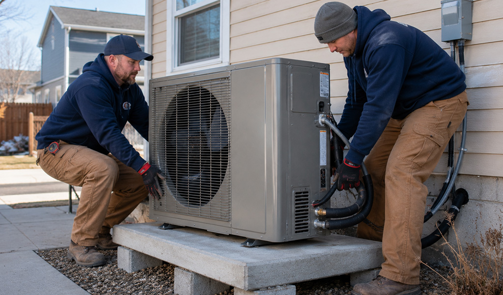 HVAC crew placing heat pump outdoor unit during Denver Metro installation
