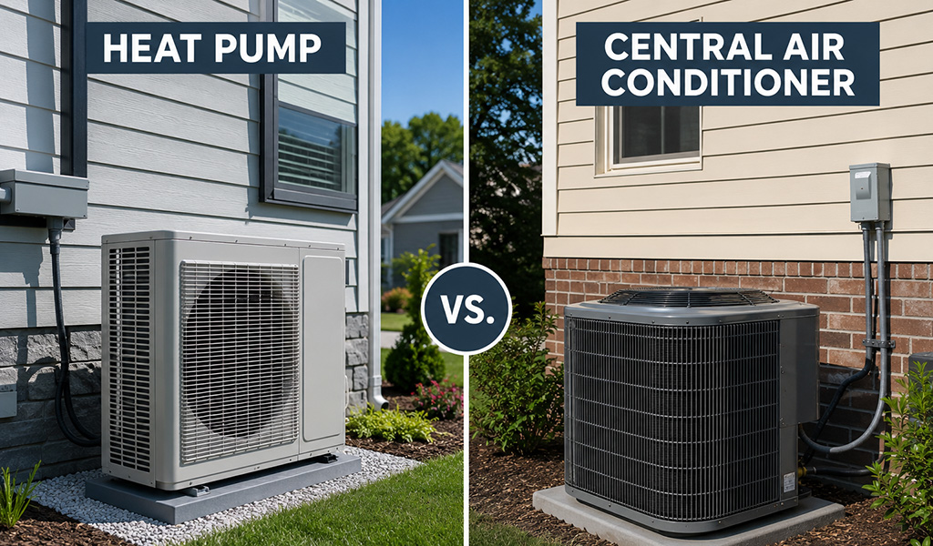 Side-by-side comparison of a heat pump and central air conditioner unit outside Denver area homes