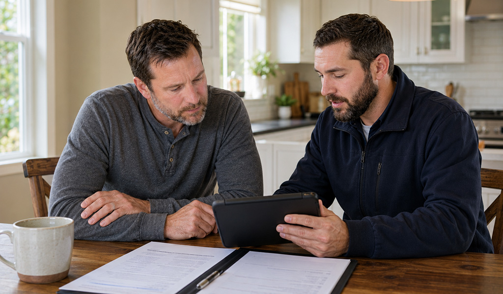 Homeowner reviewing HVAC installation estimate with a licensed contractor in Denver