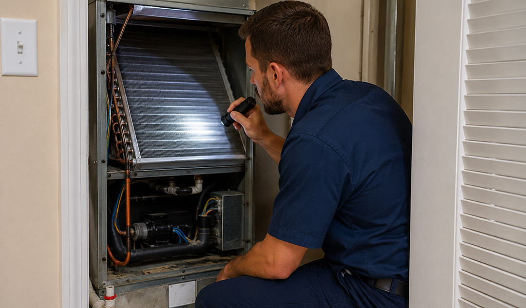  HVAC technician inspecting evaporator coil in a residential utility closet
