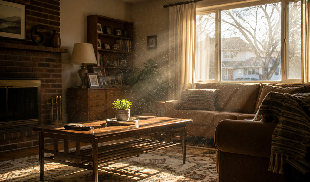 Dust particles visible in sunlight inside a Denver-area living room