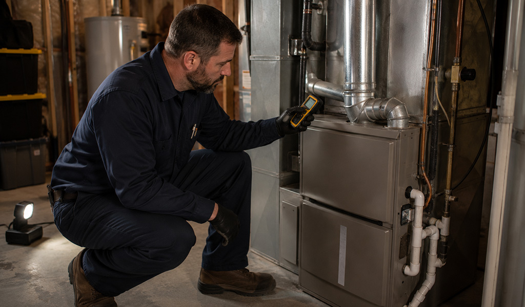 HVAC technician performing a carbon monoxide test near a residential furnace