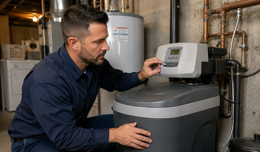 Technician inspecting a water softener system in a Denver Metro home
