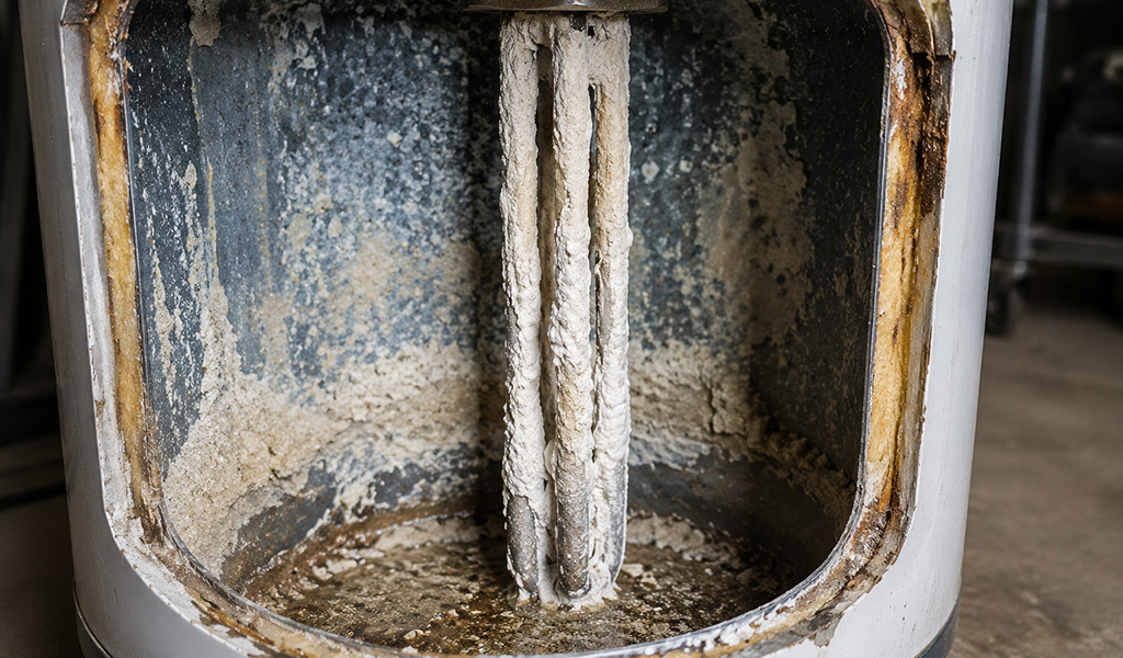 Mineral scale buildup inside a residential water heater tank