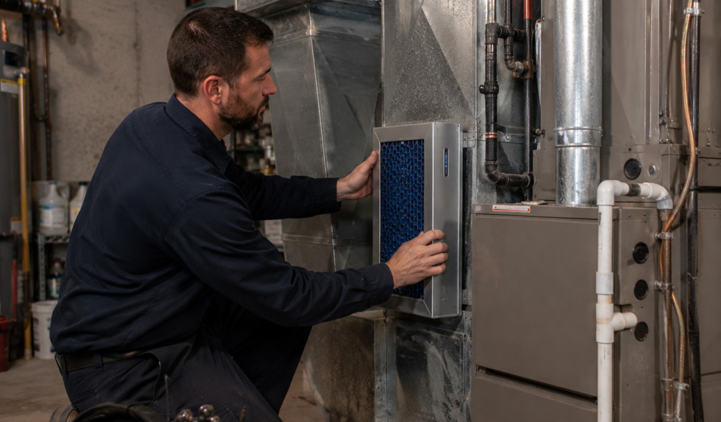 Technician installing a whole-home electronic air cleaner in a basement mechanical room