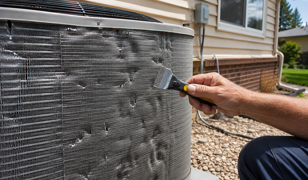 Hail-damaged condenser fins on a Denver-area air conditioning unit