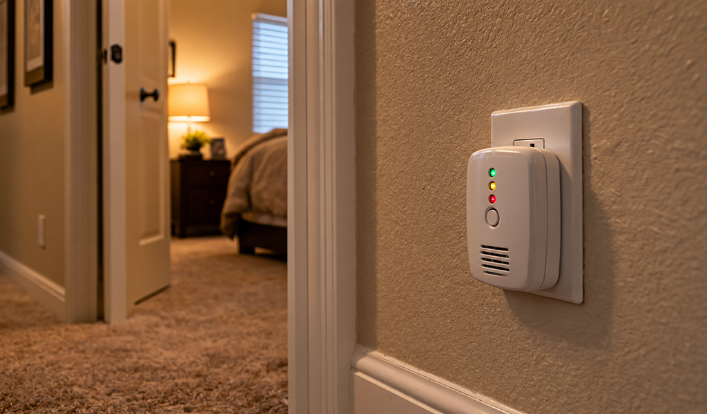 Furnace Burning Smell: What’s Normal, What’s Dangerous, and What to Do Right Now 3 Furnace Burning Smell: What’s Normal, What’s Dangerous, and What to Do Right Now Carbon monoxide alarm mounted in a hallway outside a bedroom