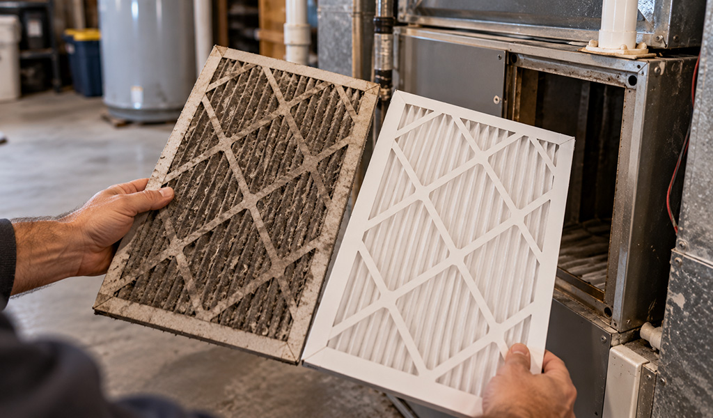 Furnace Burning Smell: What’s Normal, What’s Dangerous, and What to Do Right Now 2 Furnace Burning Smell: What’s Normal, What’s Dangerous, and What to Do Right Now Dirty furnace filter next to a clean replacement filter