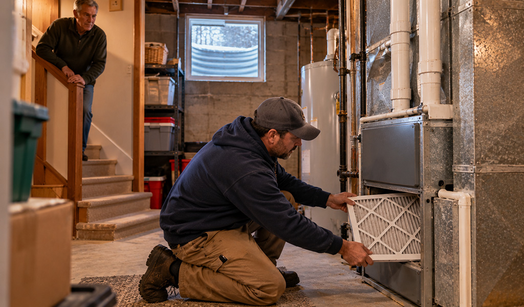 Furnace Burning Smell: What’s Normal, What’s Dangerous, and What to Do Right Now 5 Furnace Burning Smell: What’s Normal, What’s Dangerous, and What to Do Right Now Technician replacing a furnace filter during a fall tune-up