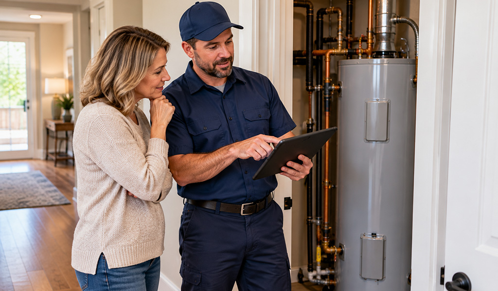Gas vs. Electric Water Heater: Which Makes Sense for Your Denver-Area Property? 6 Gas vs. Electric Water Heater: Which Makes Sense for Your Denver-Area Property? Plumber reviewing water heater options with a homeowner